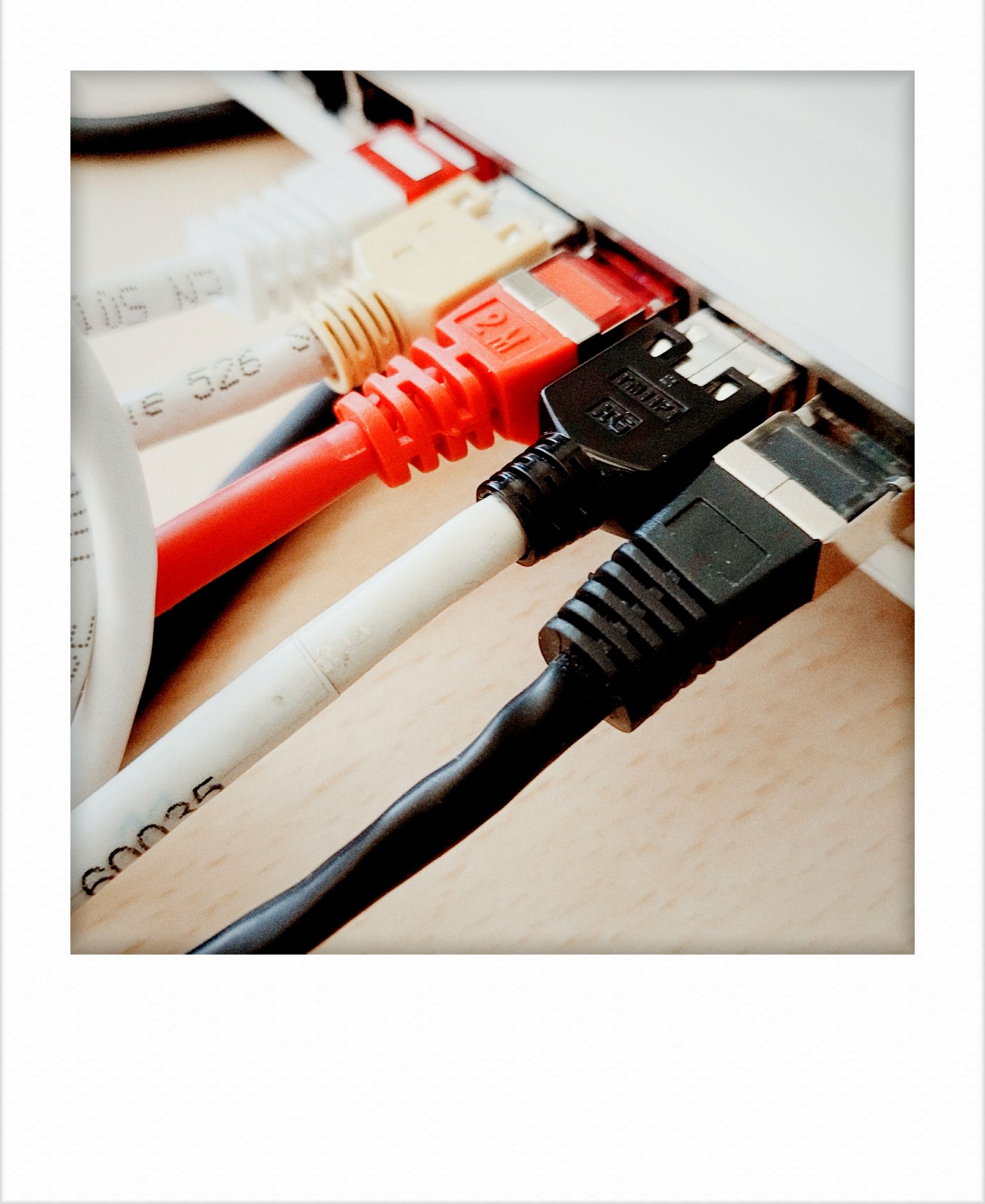 Five ethernet cables plugged into the back of a white router.