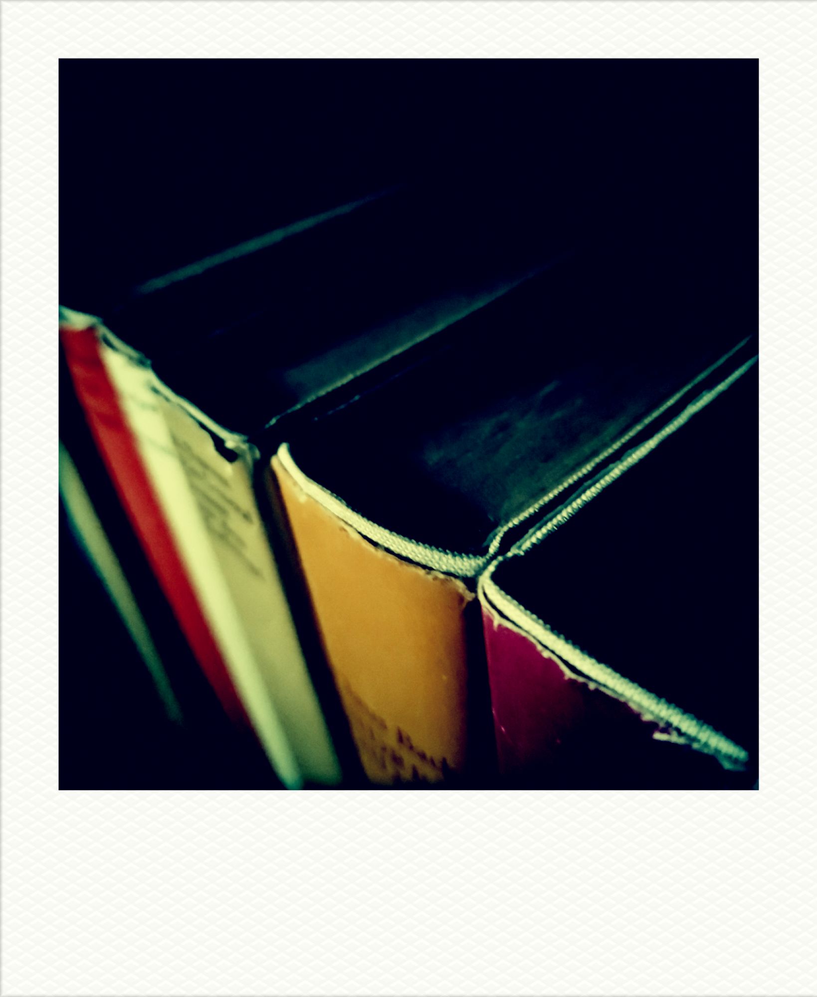 Books on a shelf, closeup from above.