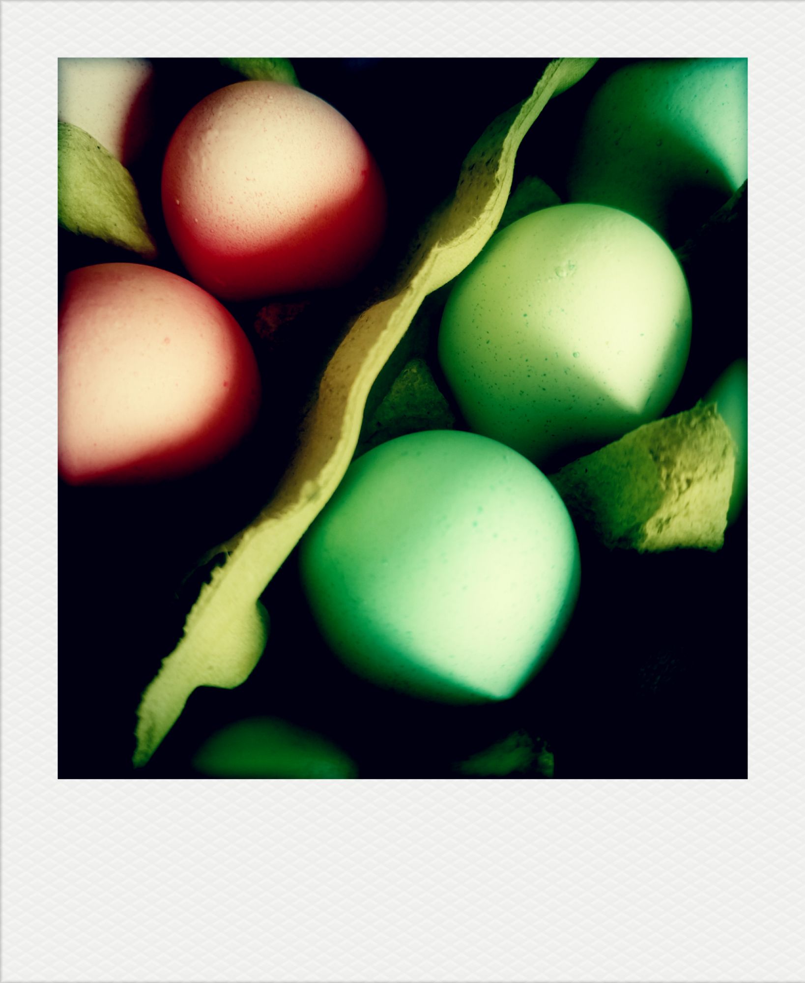 Coloured eggs in a box.