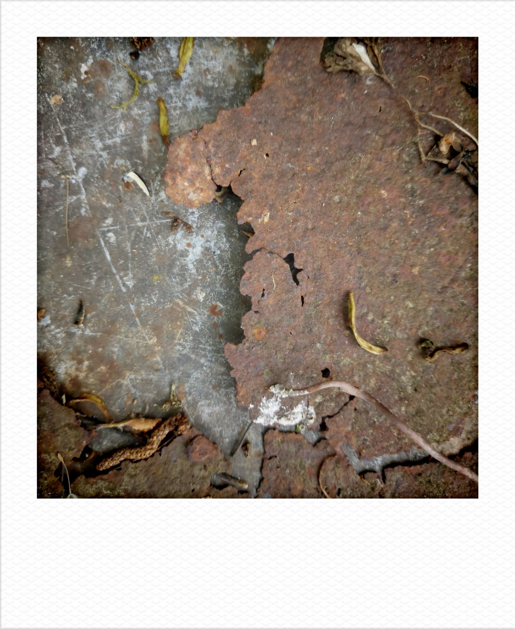 Layers of rust on an old sheet of metal.