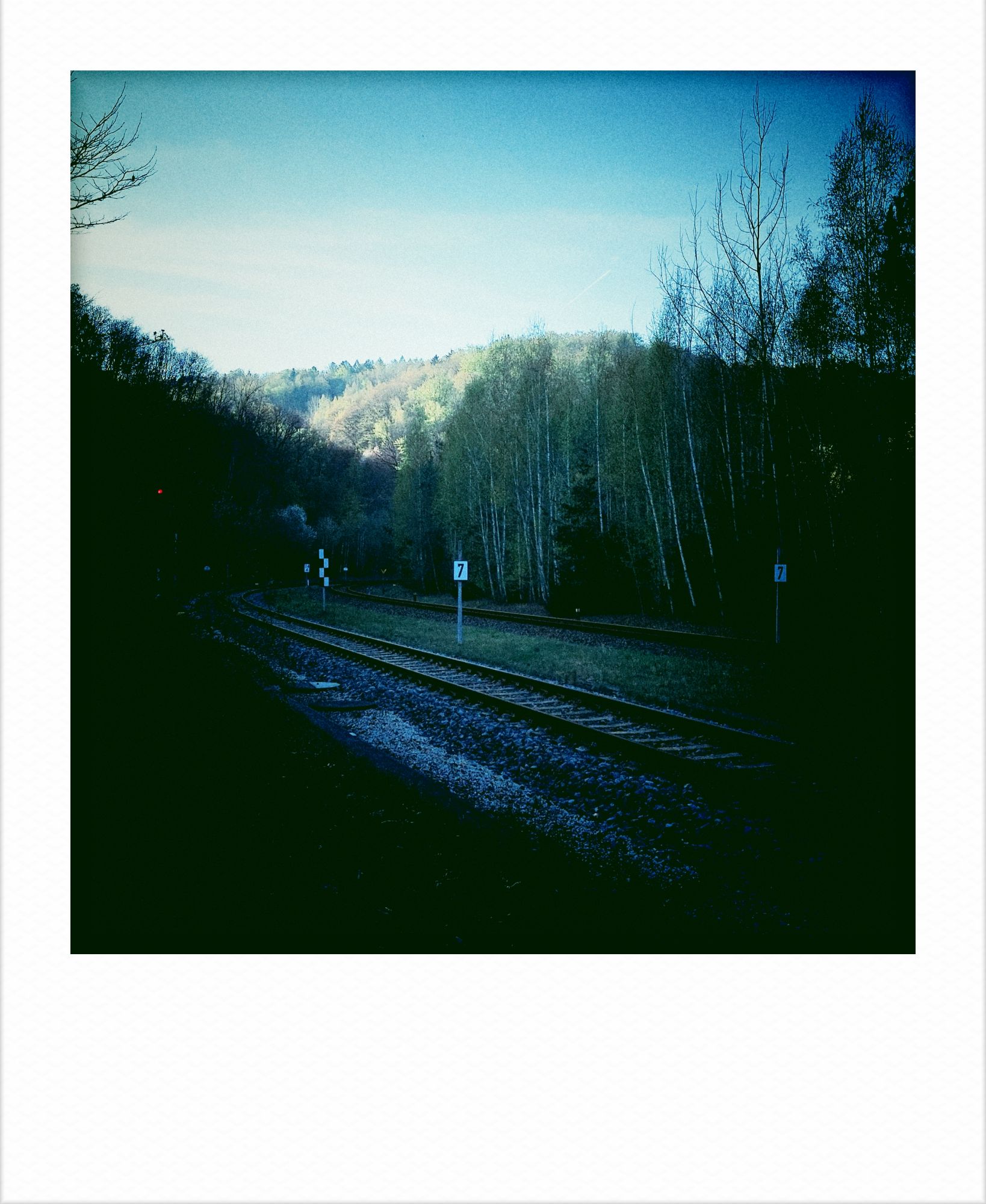 A railroad line in between hills and forest.