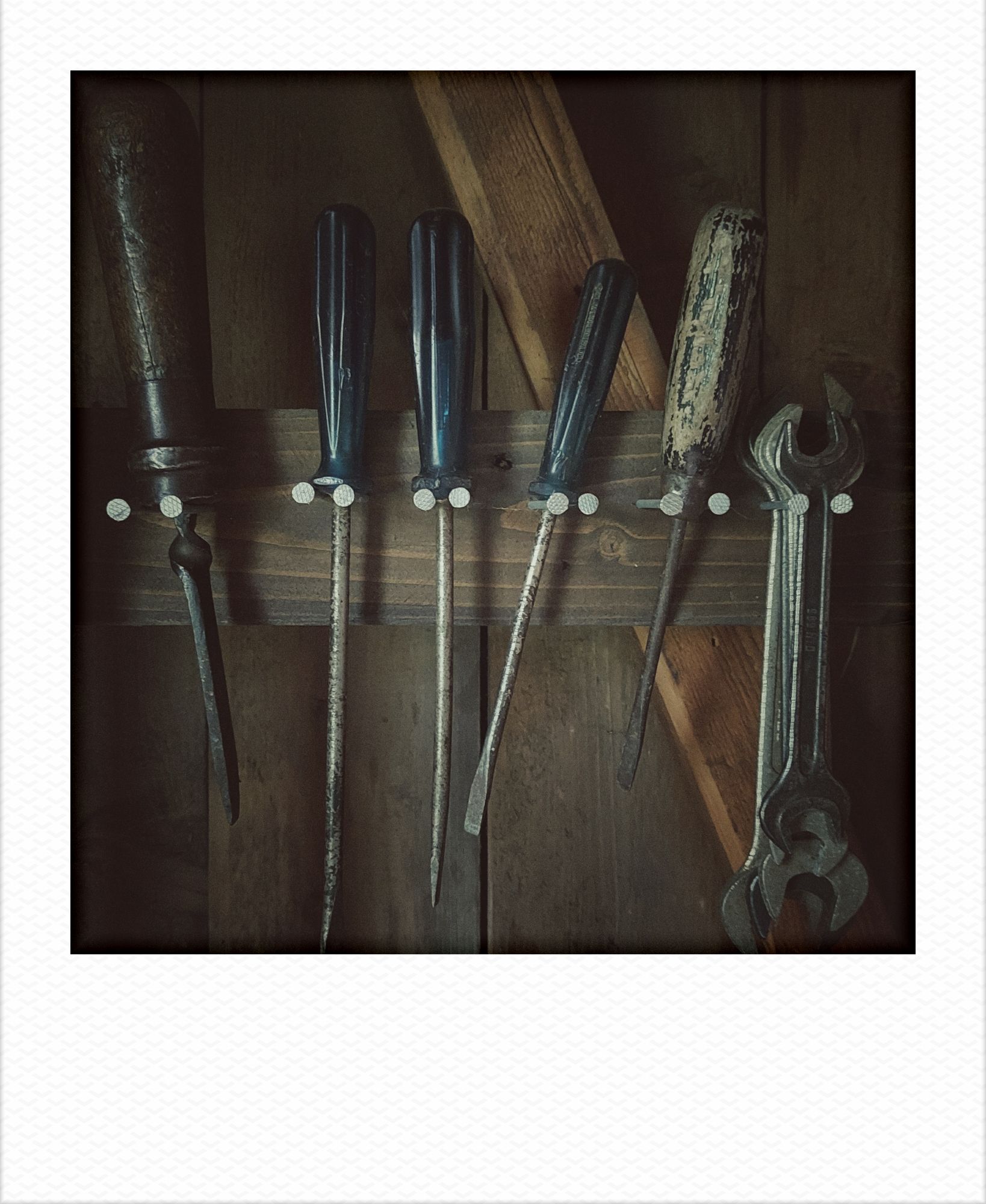 Different tools sorted on a wooden wall.